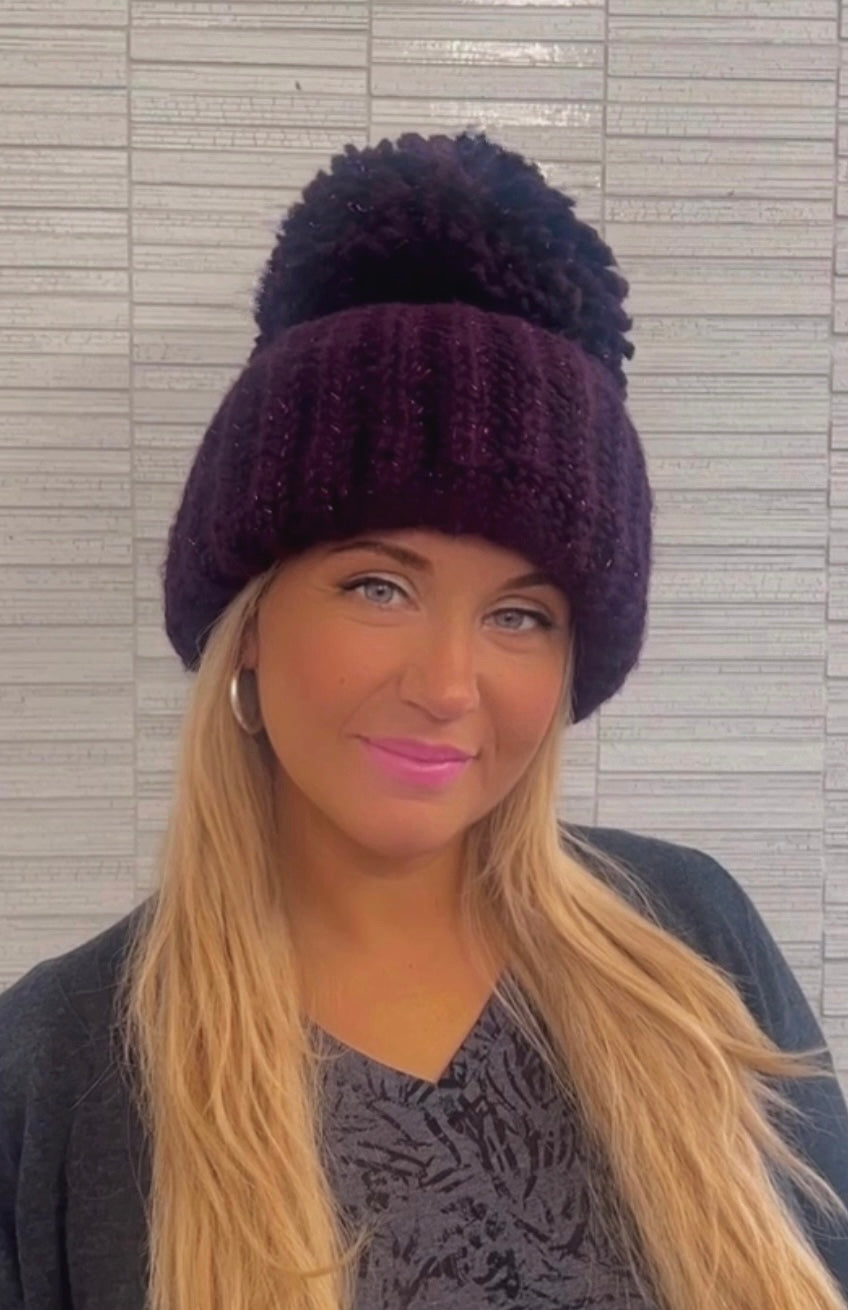 Chunky Beanie Purple Sparkle Hat XL Giant PomPom Handmade Knit Yarn