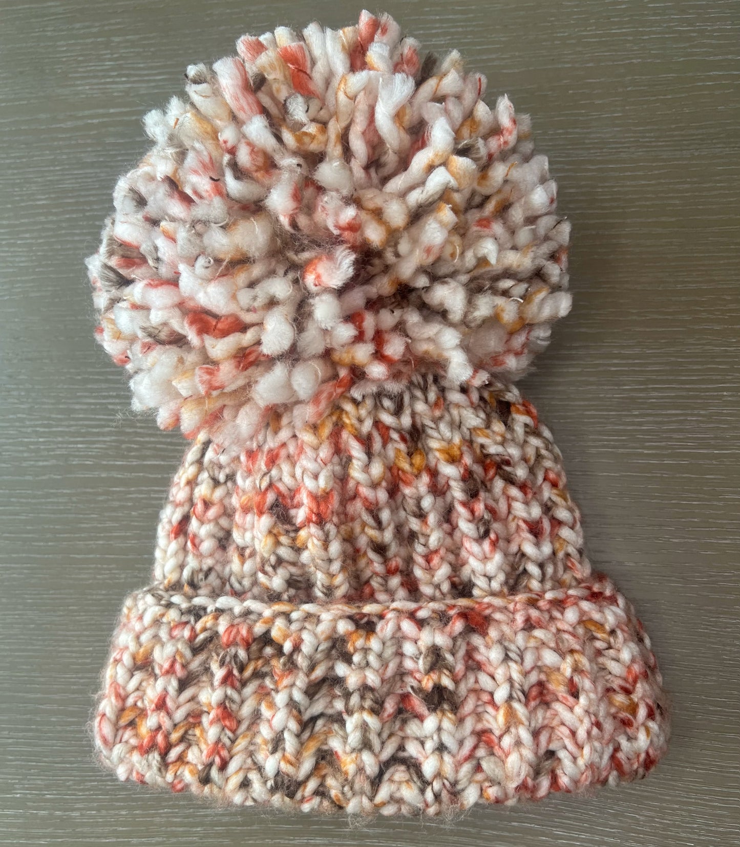 Chunky Beanie Multi Tone Brown Hat XL Giant PomPom Handmade Knit Yarn