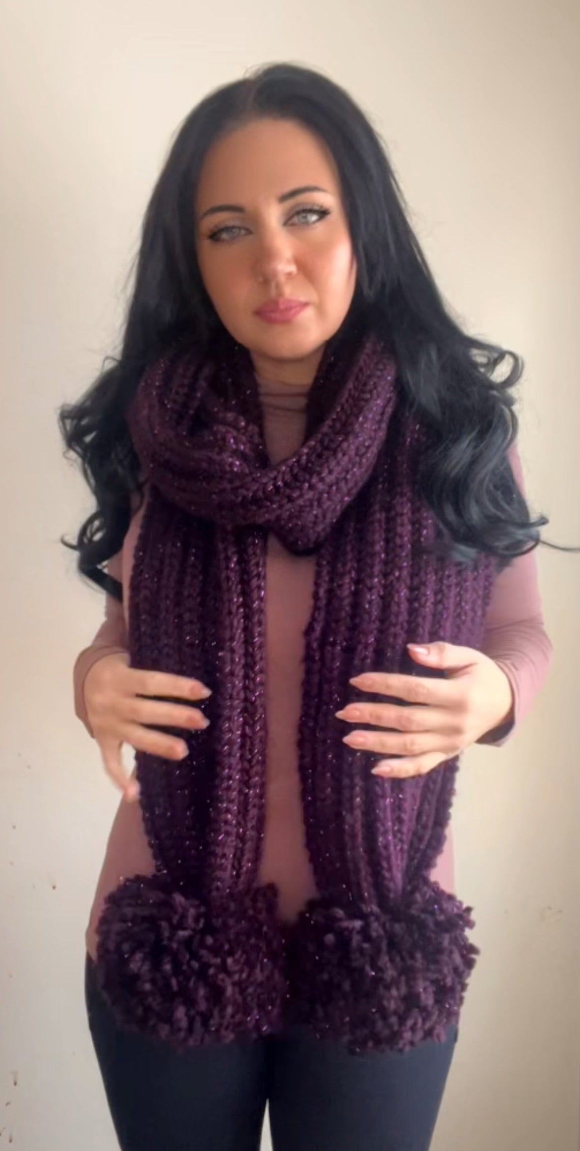 Super Chunky Purple Sparkle Hand Knitted Scarf with Large Pom Poms