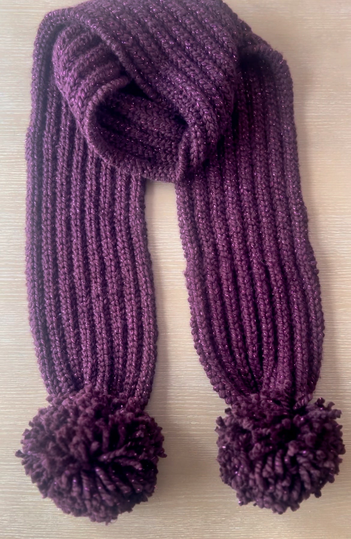 Super Chunky Purple Sparkle Hand Knitted Scarf with Large Pom Poms
