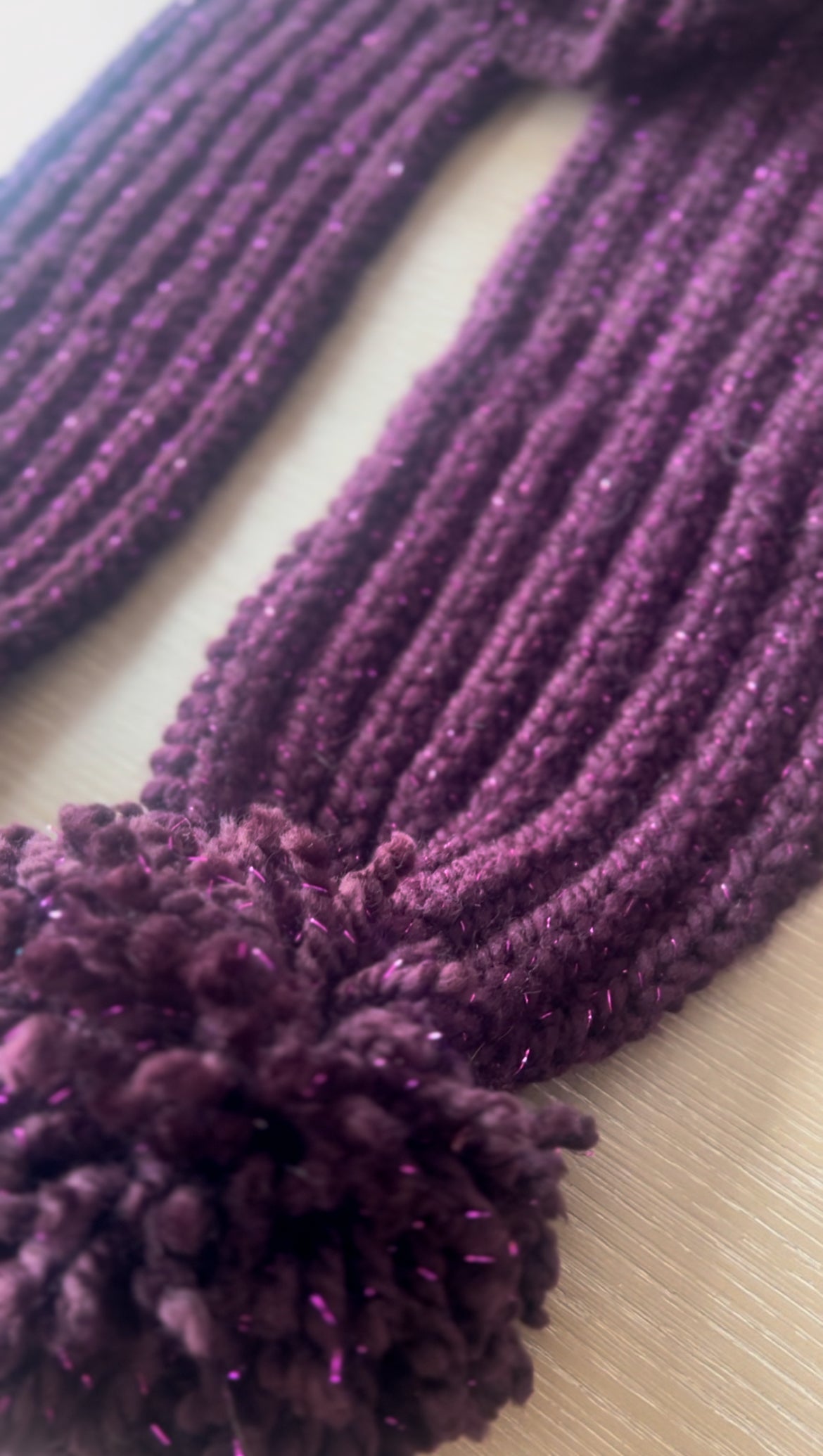 Super Chunky Purple Sparkle Hand Knitted Scarf with Large Pom Poms