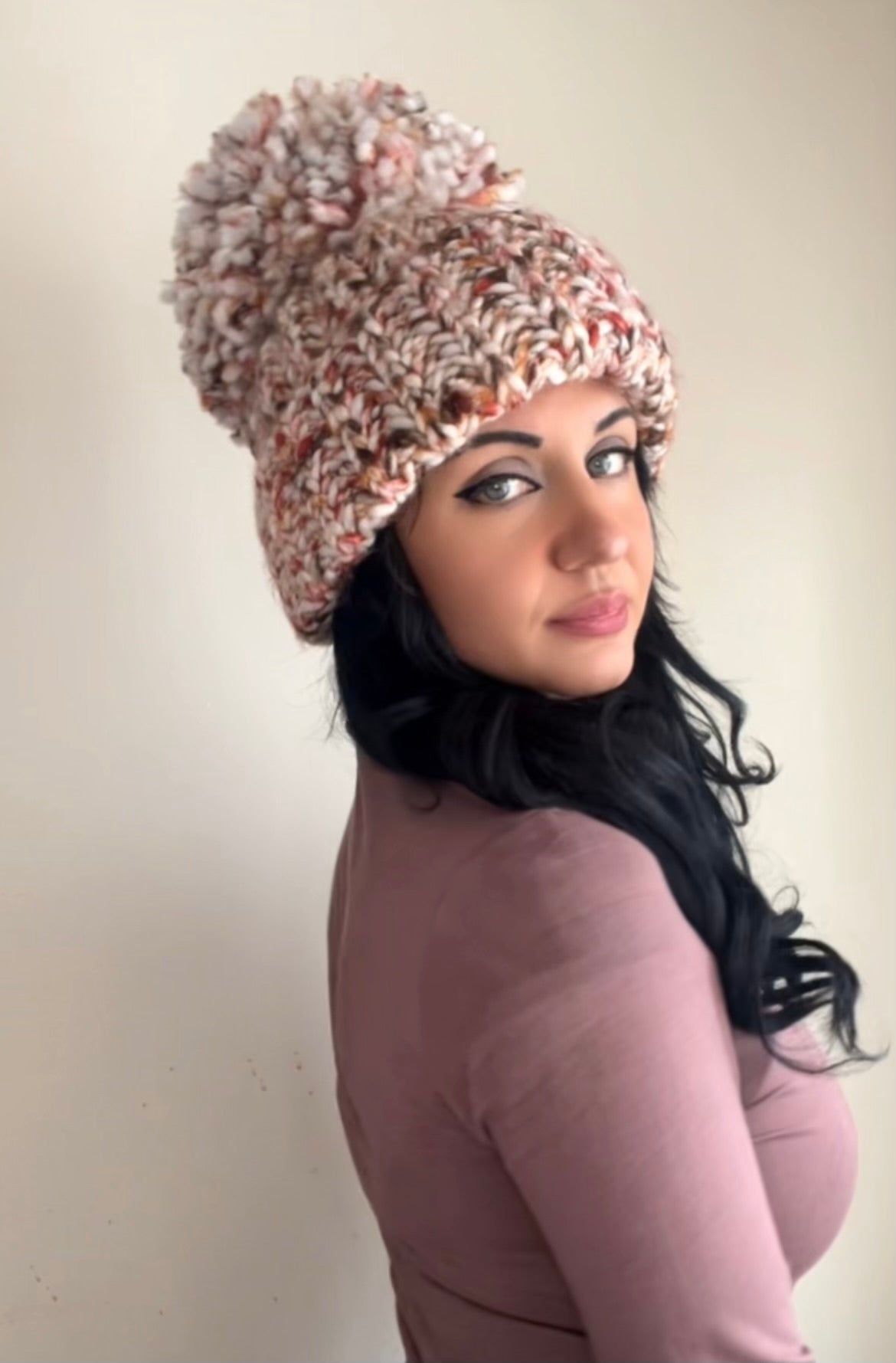 Chunky Beanie Multi Tone Brown Hat XL Giant PomPom Handmade Knit Yarn