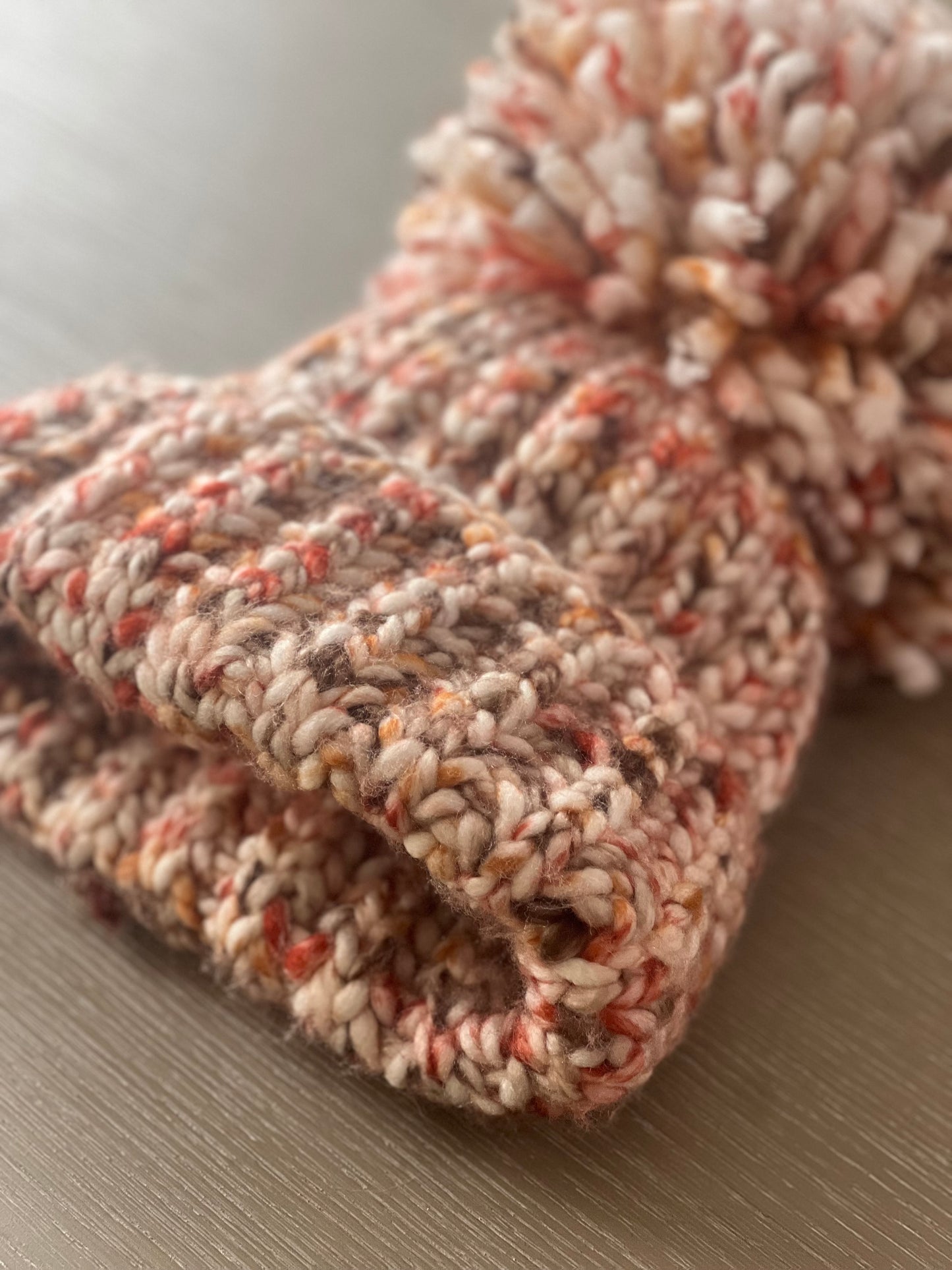 Chunky Beanie Multi Tone Brown Hat XL Giant PomPom Handmade Knit Yarn