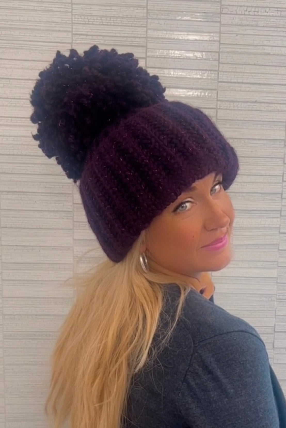 Chunky Beanie Purple Sparkle Hat XL Giant PomPom Handmade Knit Yarn