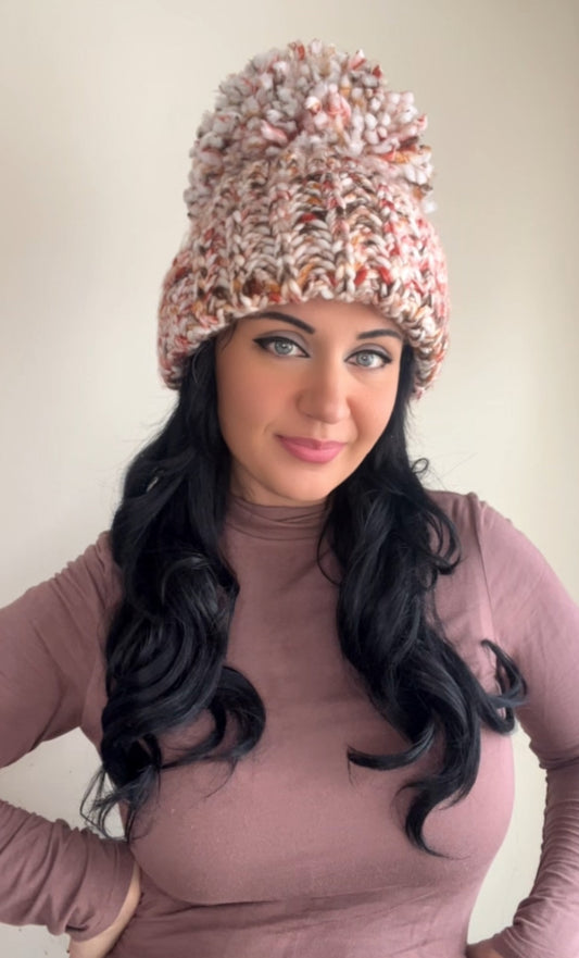 Chunky Beanie Multi Tone Brown Hat XL Giant PomPom Handmade Knit Yarn