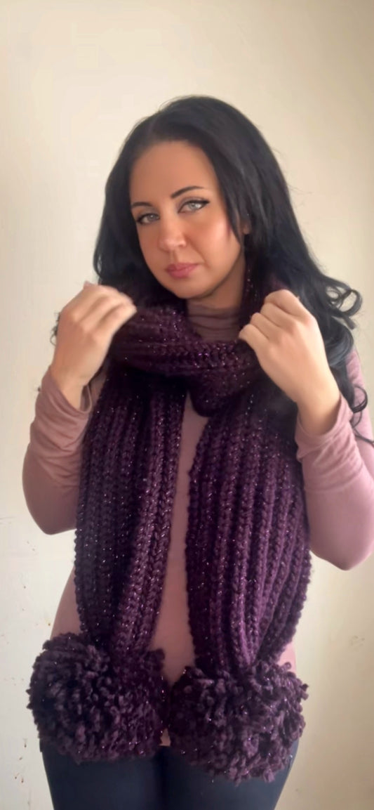 Super Chunky Purple Sparkle Hand Knitted Scarf with Large Pom Poms