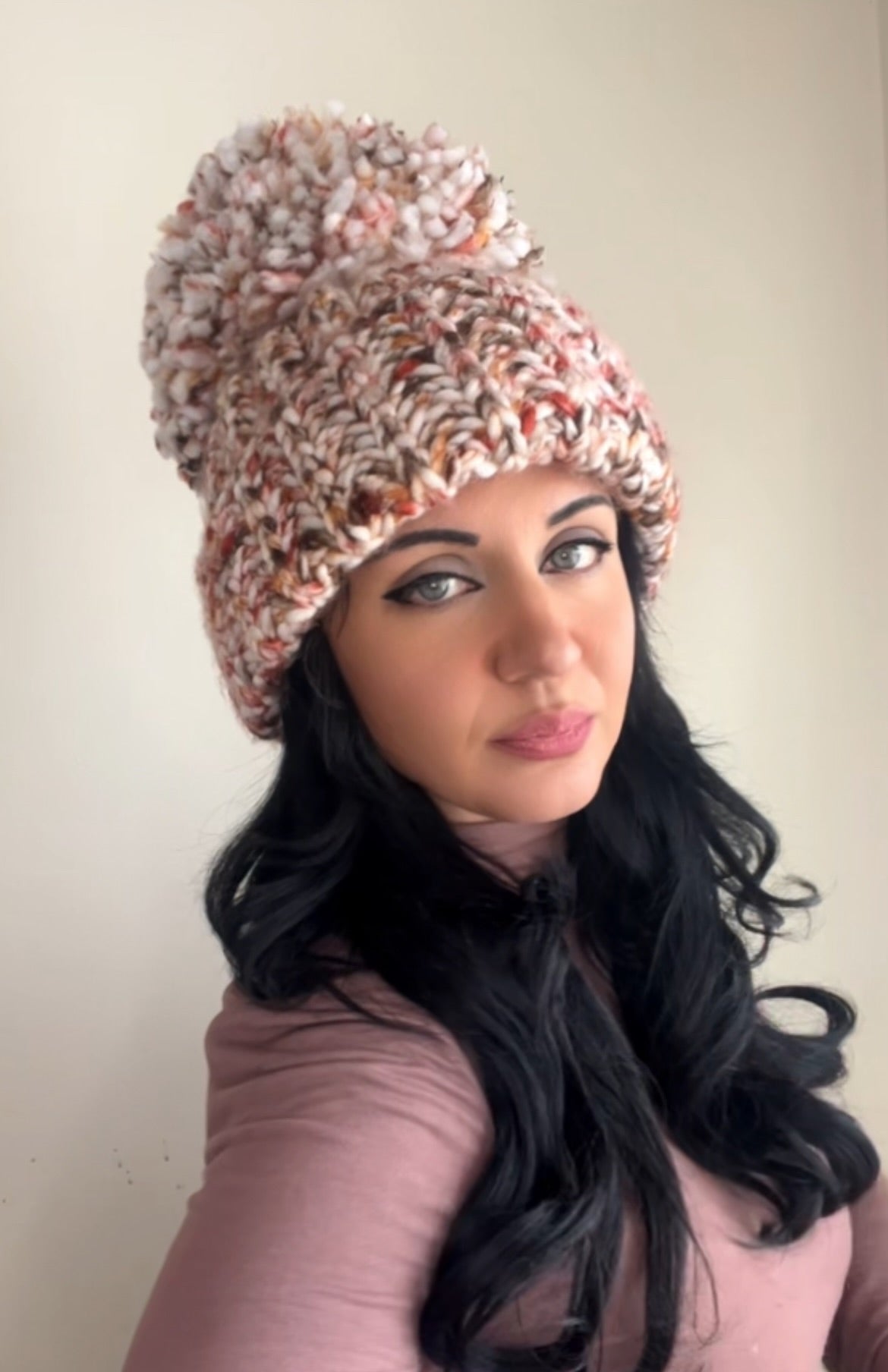 Chunky Beanie Multi Tone Brown Hat XL Giant PomPom Handmade Knit Yarn