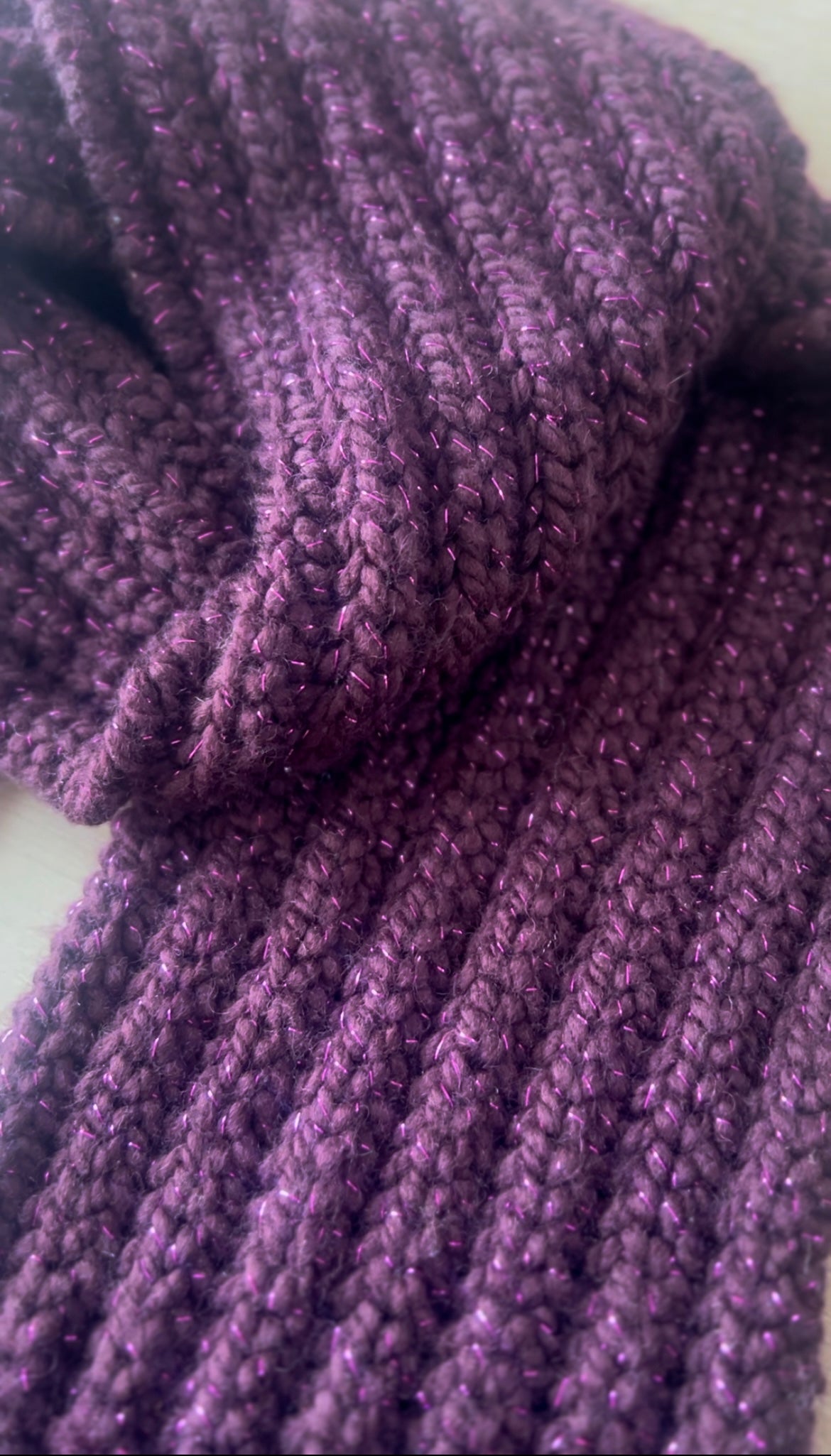 Super Chunky Purple Sparkle Hand Knitted Scarf with Large Pom Poms