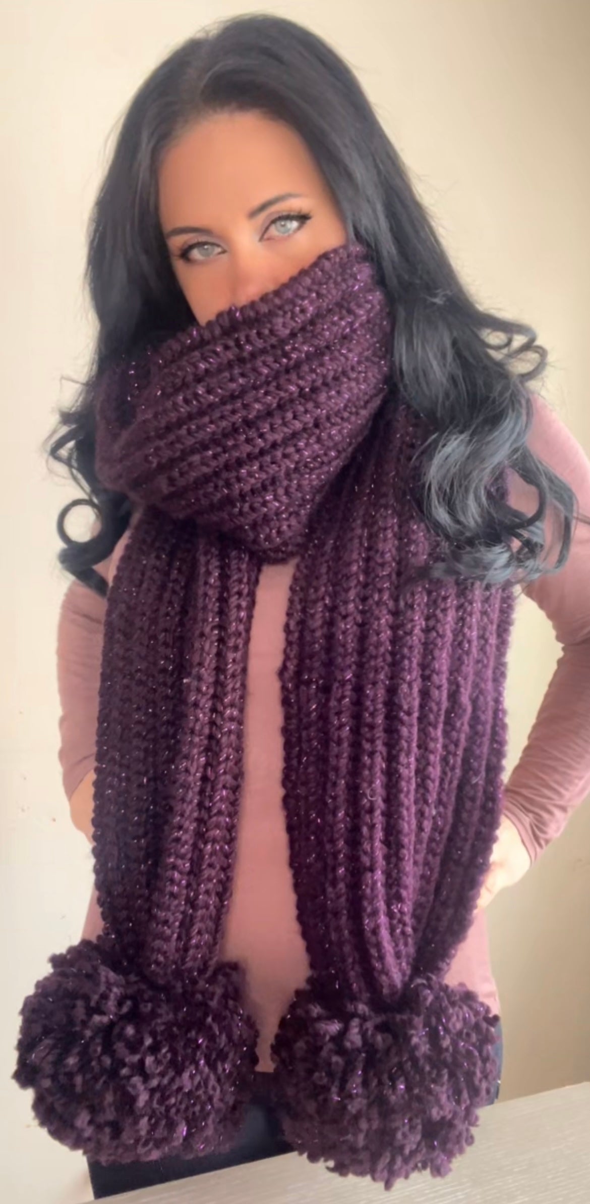 Super Chunky Purple Sparkle Hand Knitted Scarf with Large Pom Poms