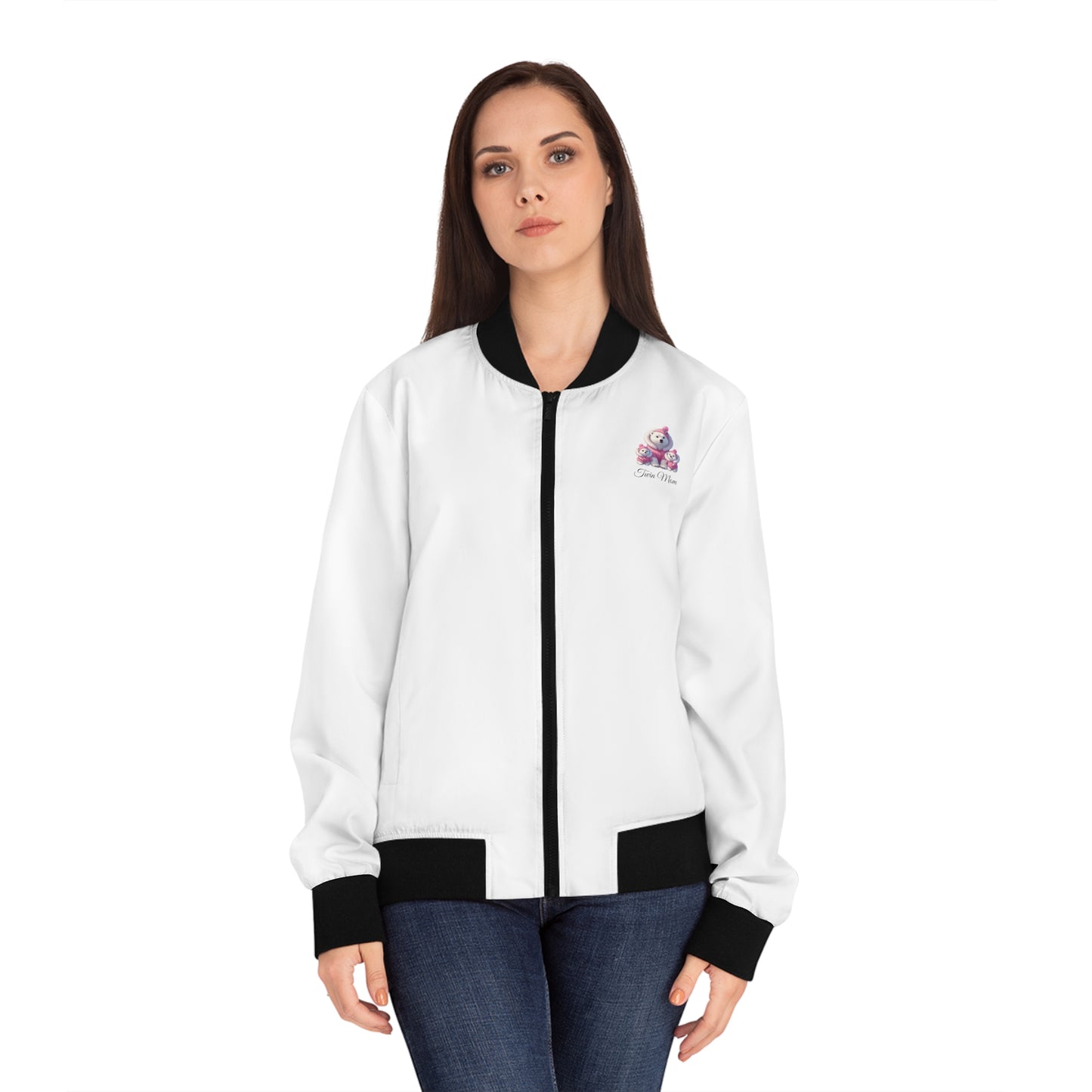 Custom Cozy Pink Polar Bear Twin Mom Bomber Jacket | Mom Jackets | Personalized Bomber Jacket | Mother's Day Gift
