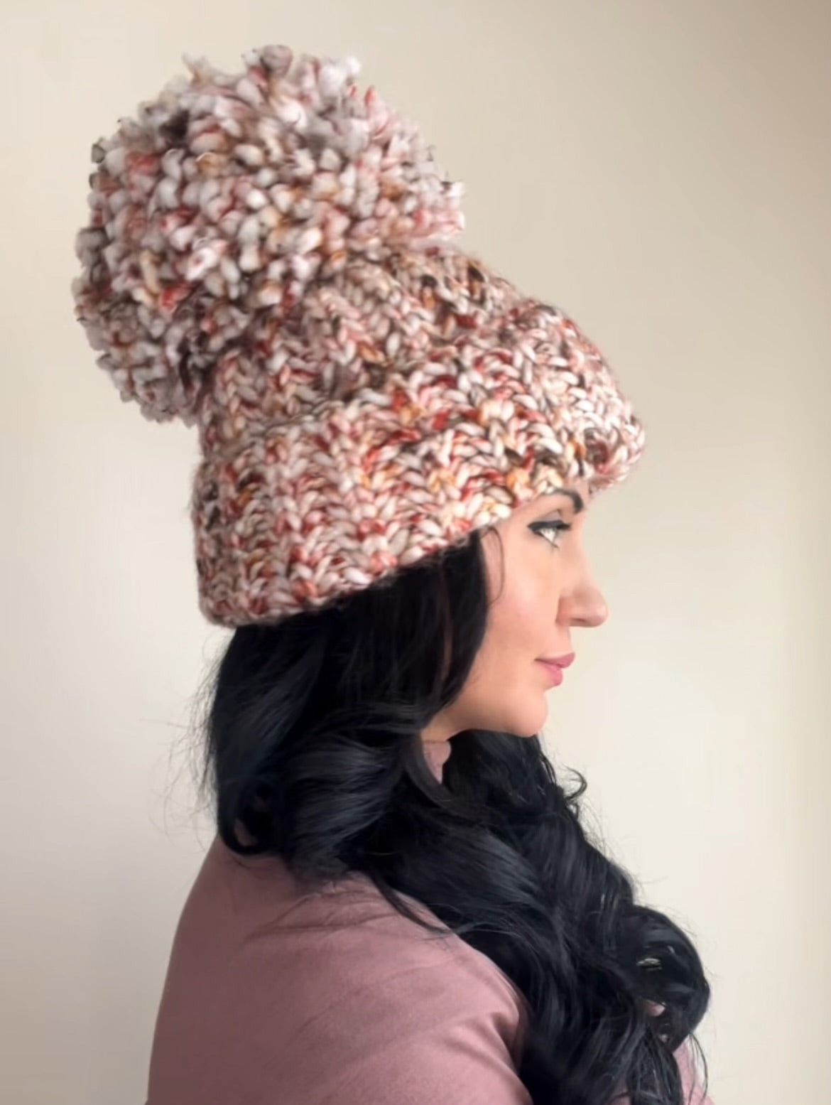 Chunky Beanie Multi Tone Brown Hat XL Giant PomPom Handmade Knit Yarn