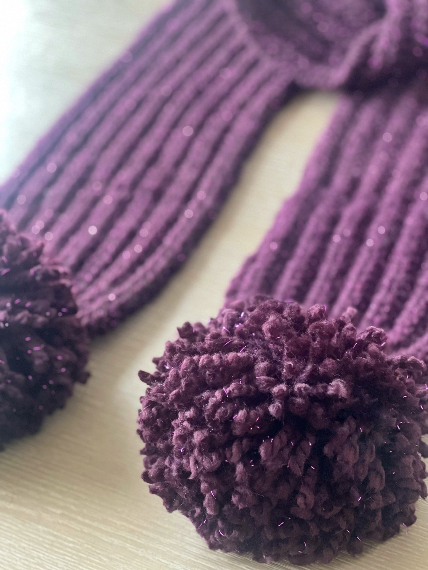 Super Chunky Purple Sparkle Hand Knitted Scarf with Large Pom Poms