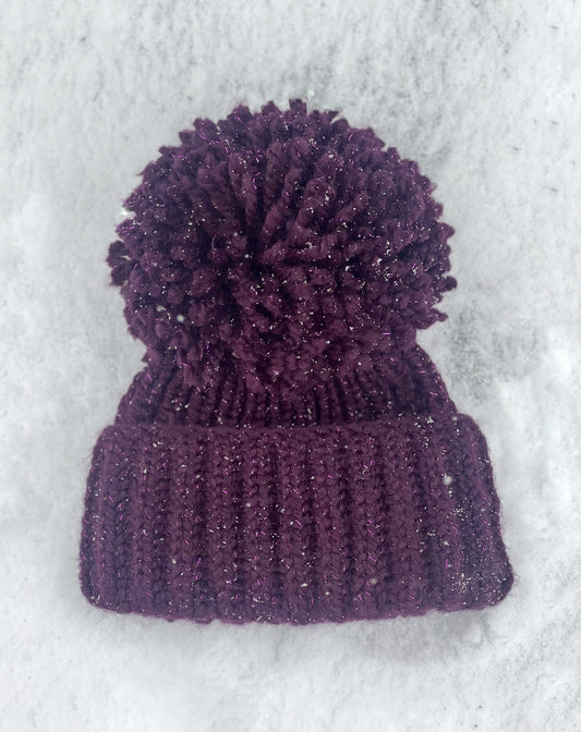 Chunky Beanie Purple Sparkle Hat XL Giant PomPom Handmade Knit Yarn