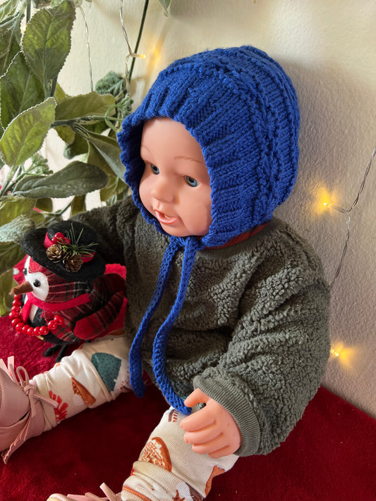 Baby Bonnet Blue Design Hand Knitted Soft Baby Yarn (Newborn)