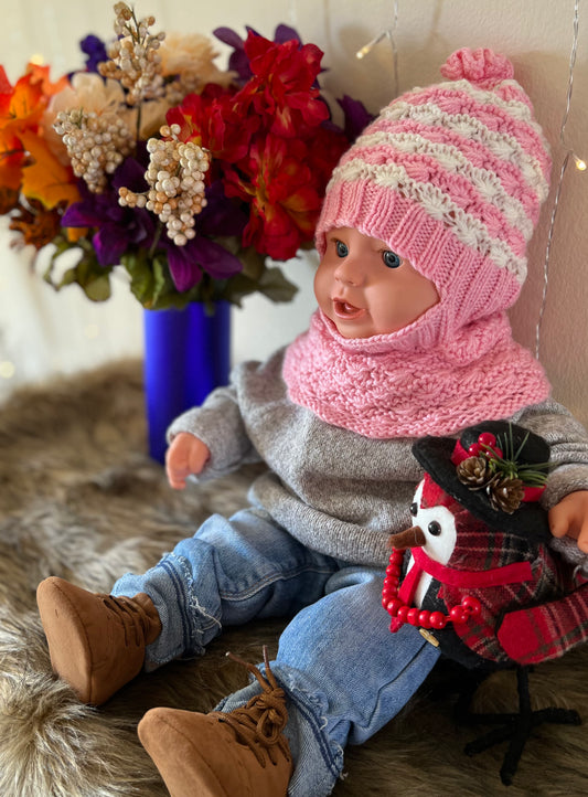 Multi-Tone Light Pink Baby's Hand-Knit Hat Neck Warmer (12+ Months)