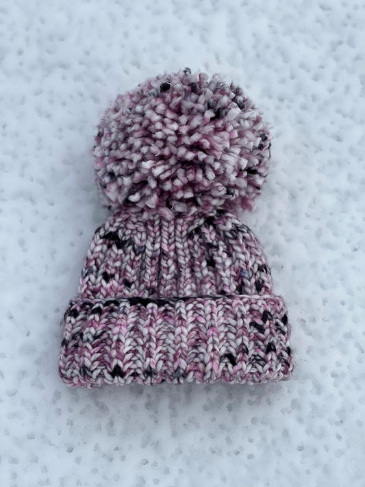 Chunky Beanie Multi Tone Purple Hat XL Giant PomPom Handmade Knit Yarn