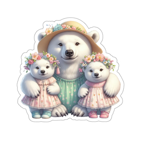 Twin Mom Cute Mama Polar Bear and Baby Cubs Sweet Happy Kiss-Cut Stickers