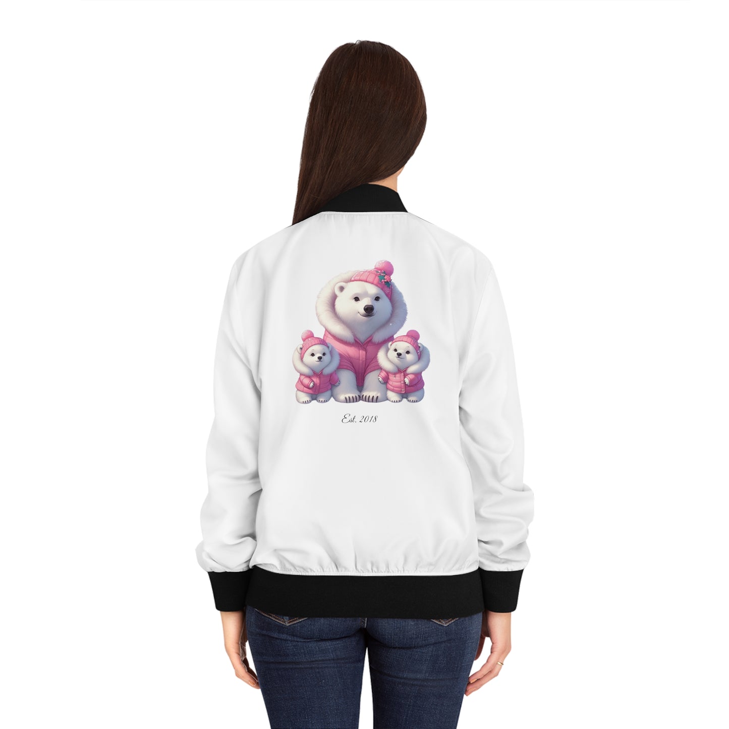 Custom Cozy Pink Polar Bear Twin Mom Bomber Jacket | Mom Jackets | Personalized Bomber Jacket |  Mother's Day Gift