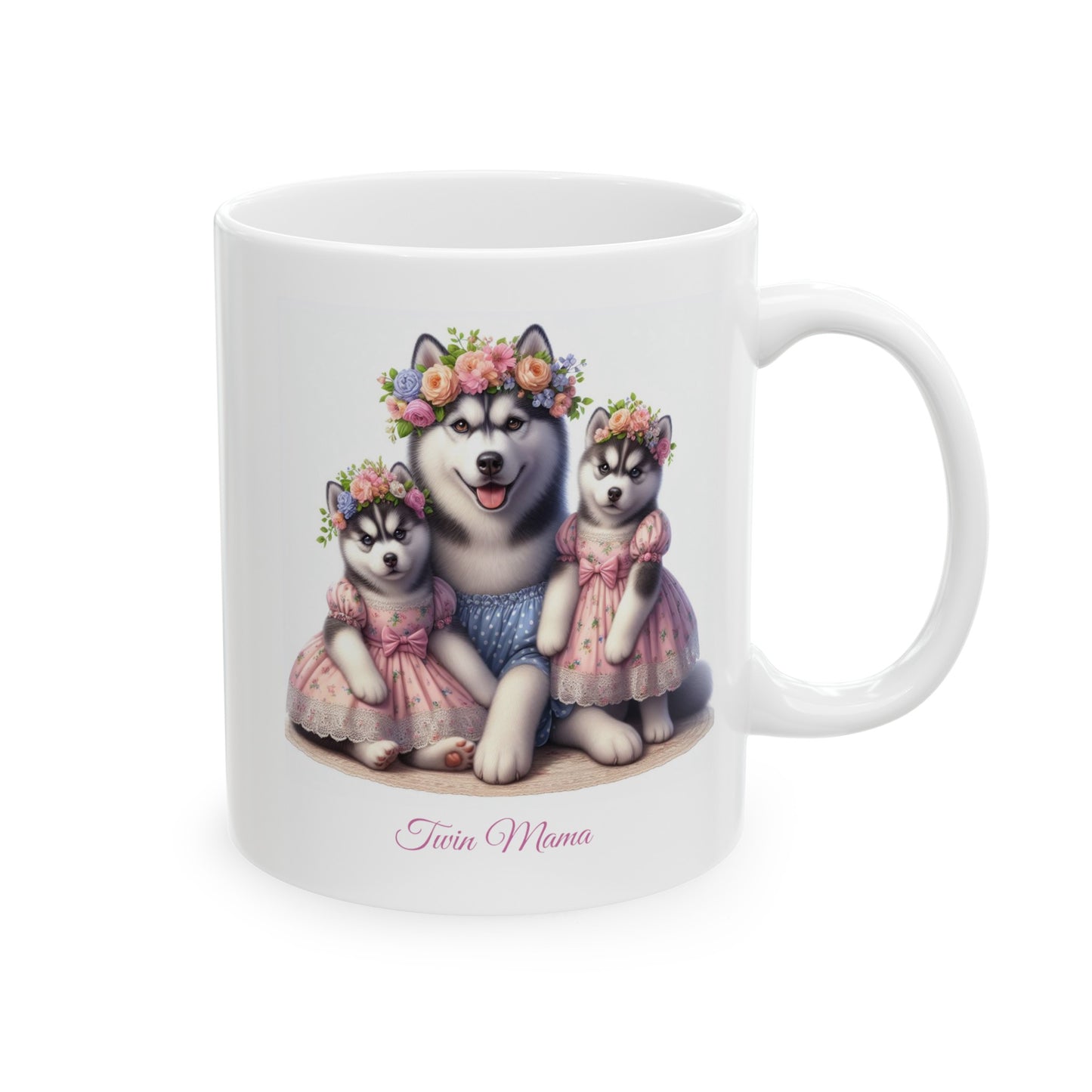 Springtime Twin Mama Husky & Baby Husky Puppies Sweet Ceramic Mug 11oz | Mother's Day Gift | Twin Mom Gift