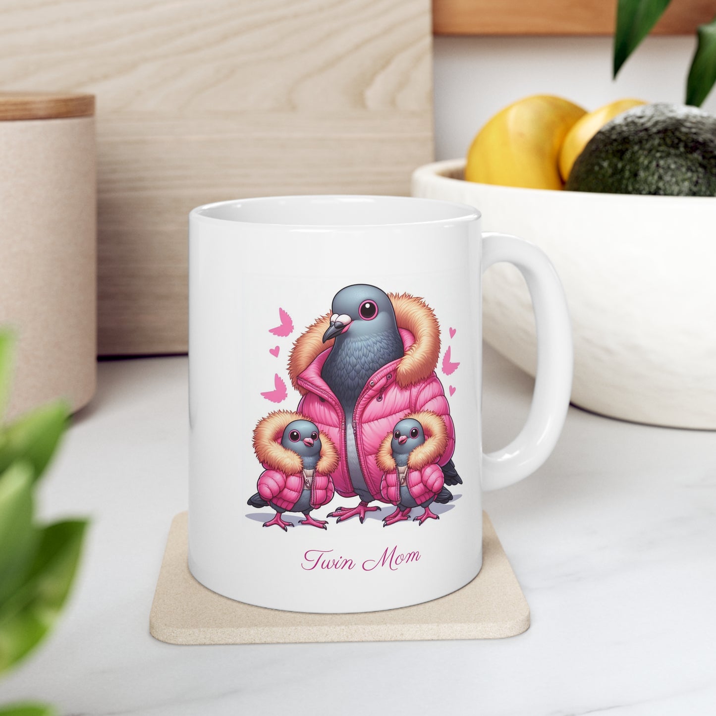 Twin Mom Cute Mama Bird and Baby Birds Sweet Happy Ceramic Mug 11oz