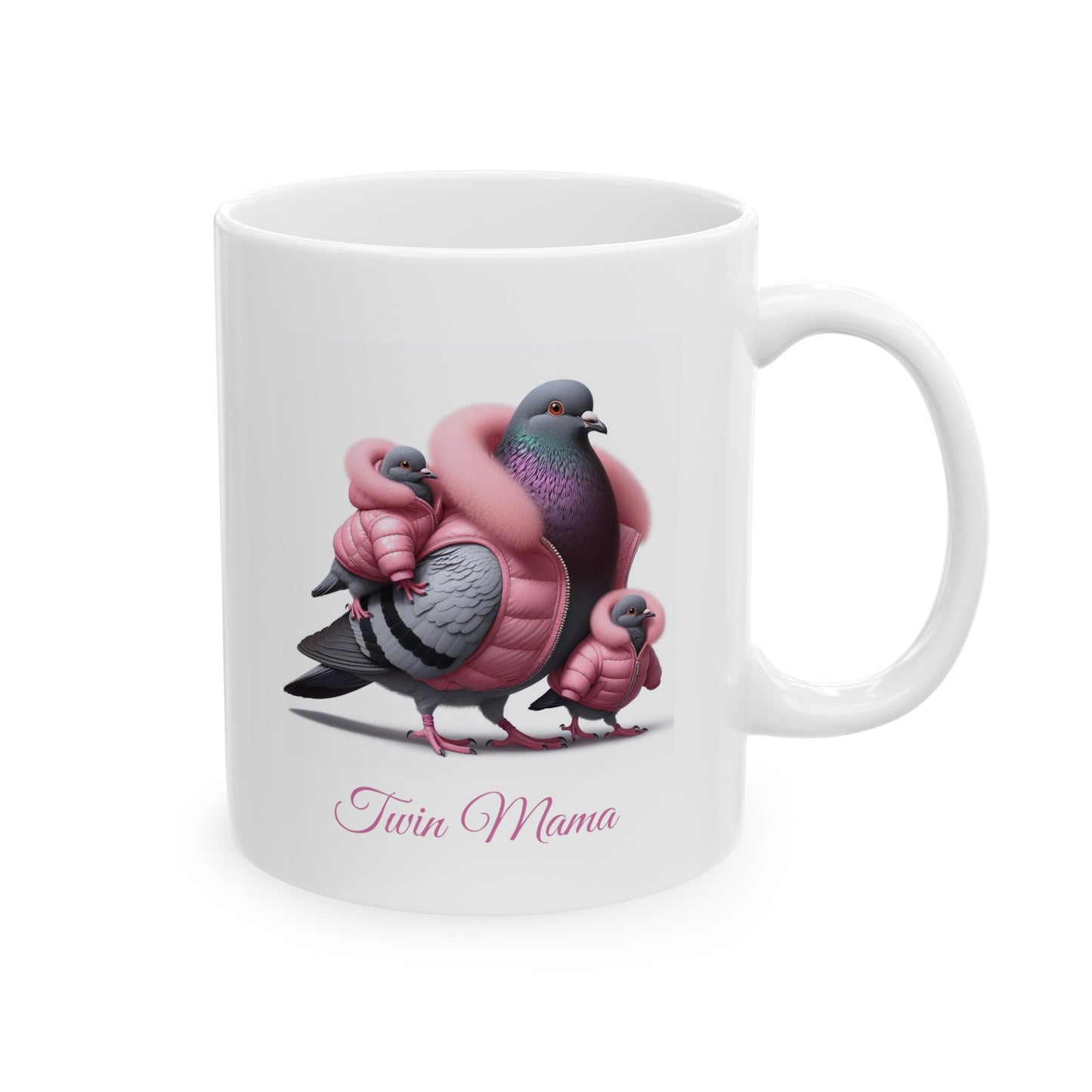 Twin Mama Pigeon & Twin Baby Pigeons Sweet Ceramic Mug 11oz | Mother's Day Gift | Twin Mom Gift