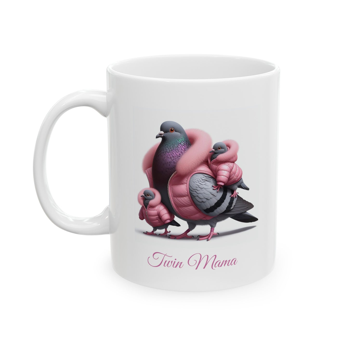 Twin Mama Pigeon & Twin Baby Pigeons Sweet Ceramic Mug 11oz | Mother's Day Gift | Twin Mom Gift