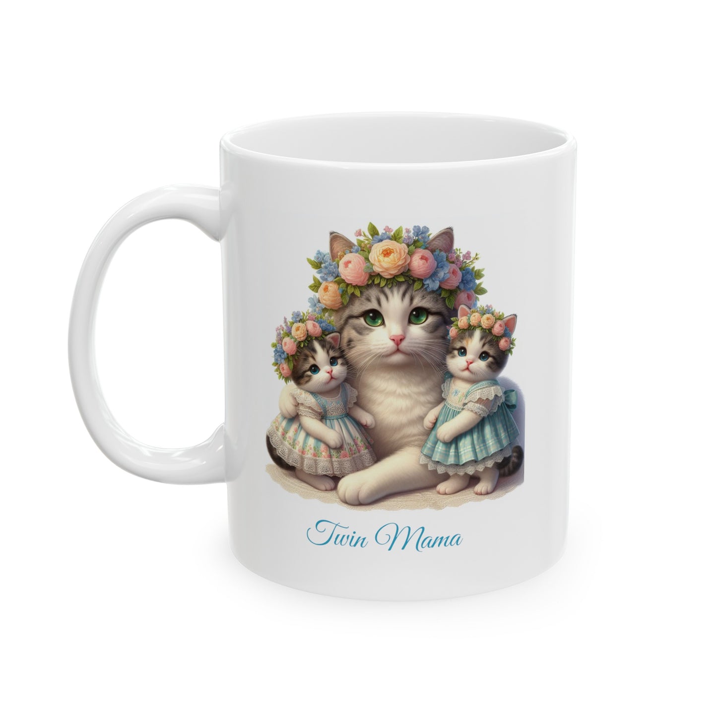 Springtime Twin Mama Kitty Cat & Baby Kittens Sweet Ceramic Mug 11oz | Mother's Day Gift | Twin Mom Gift