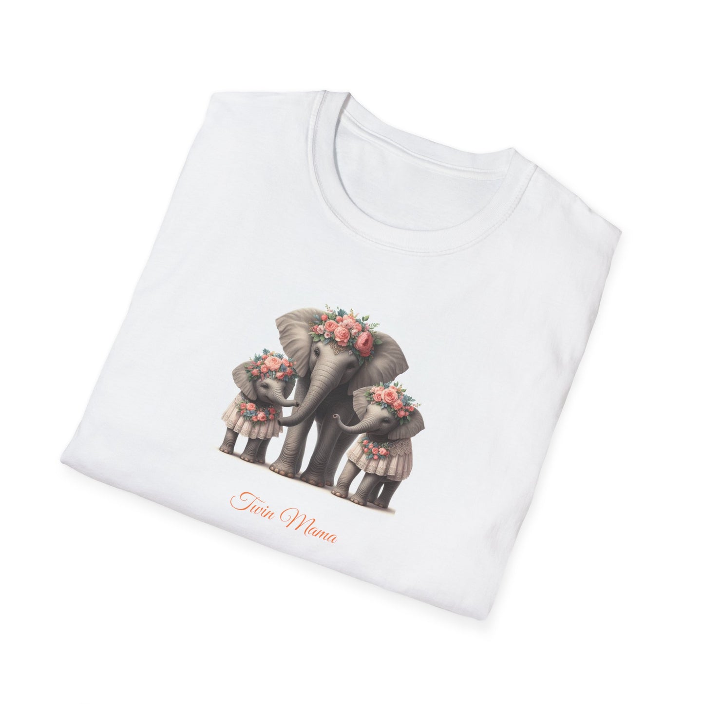 Springtime Twin Mama Elephant & Twin Baby Elephants Softstyle T-Shirt | Mother's Day Gift | Twin Mama Gift