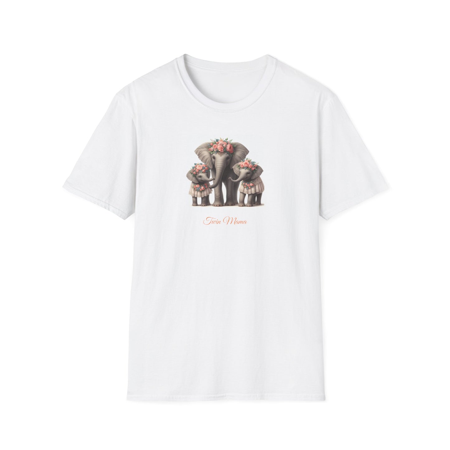 Springtime Twin Mama Elephant & Twin Baby Elephants Softstyle T-Shirt | Mother's Day Gift | Twin Mama Gift