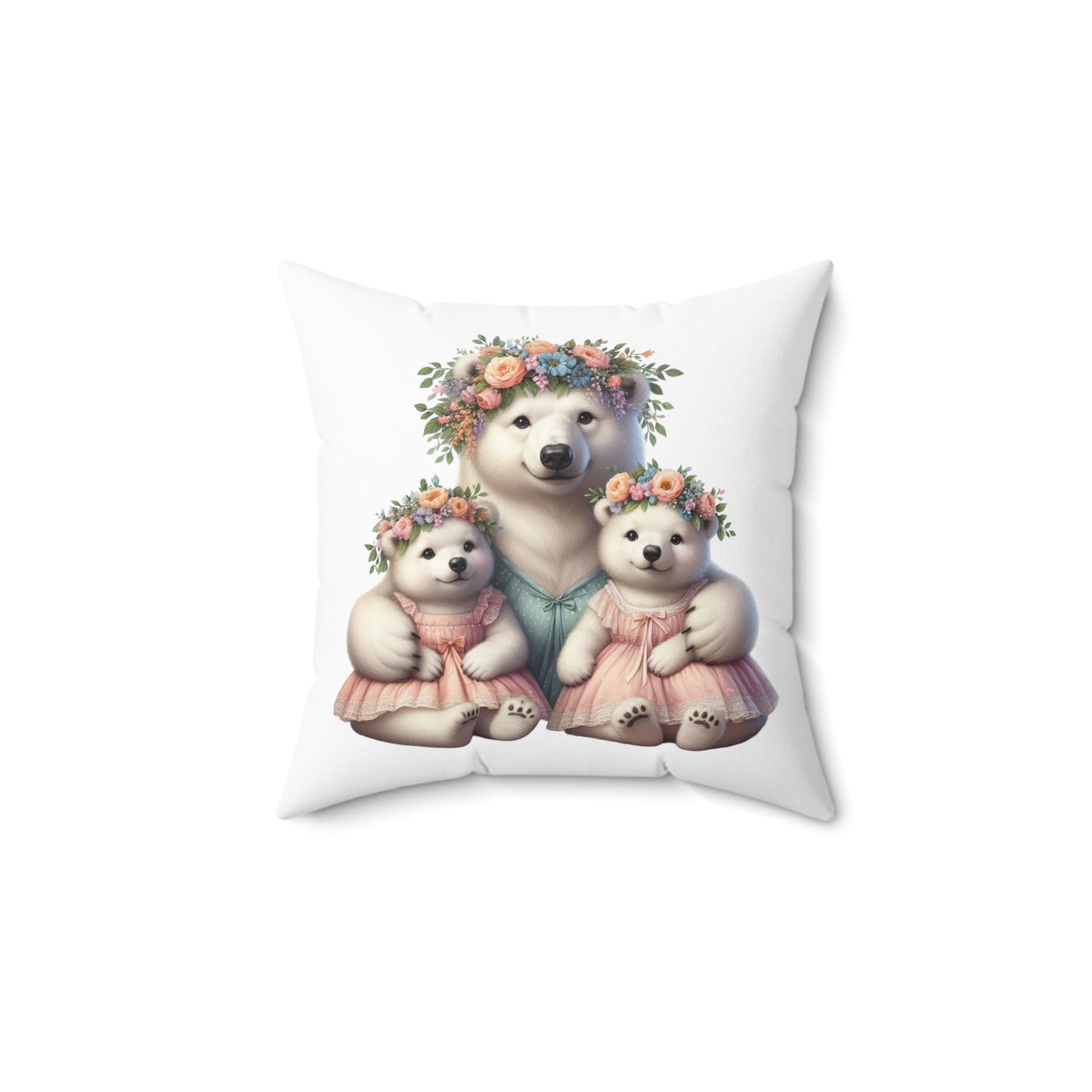 Springtime Twin Mama Polar Bear & Baby Bear Cubs Square Pillow