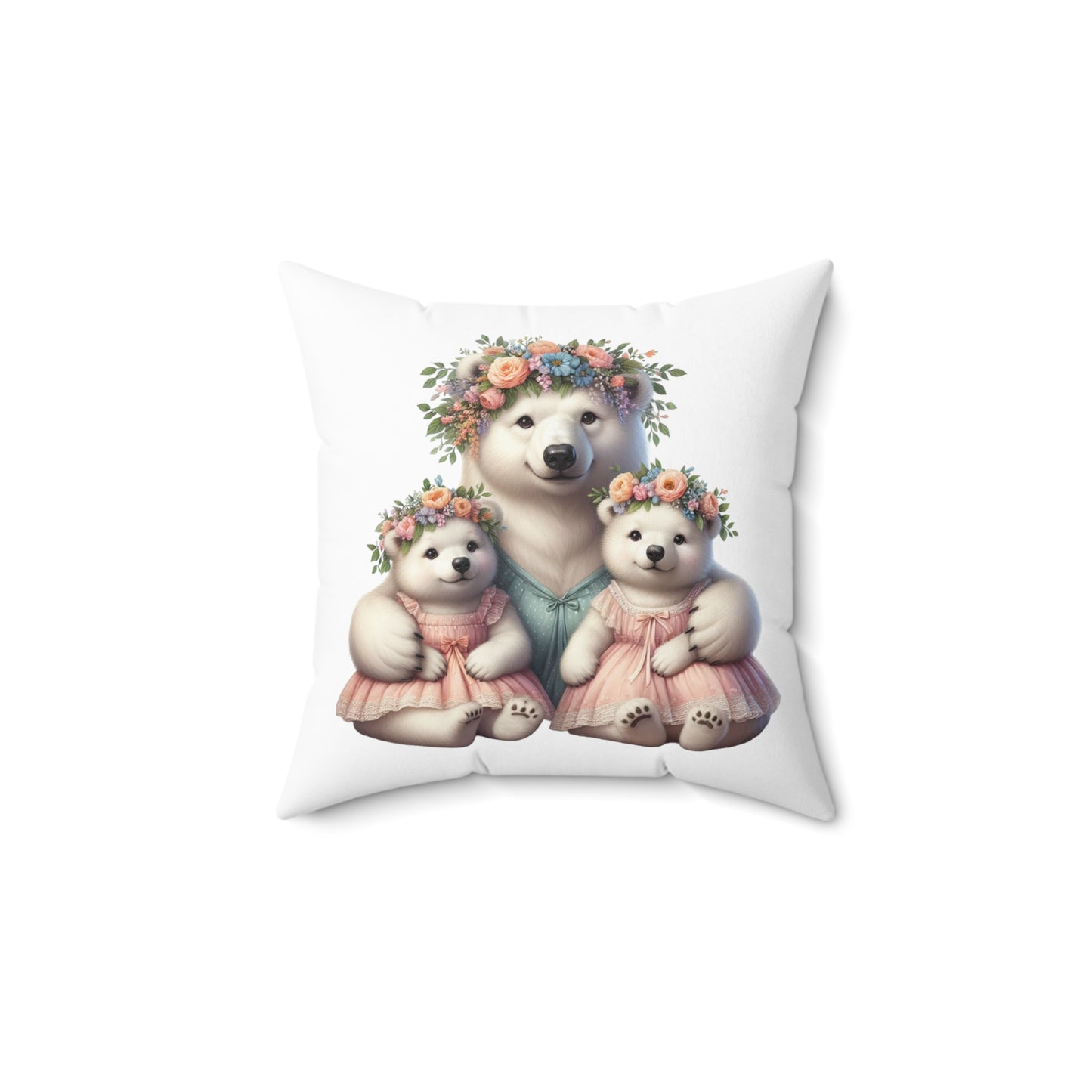 Springtime Twin Mama Polar Bear & Baby Bear Cubs Square Pillow