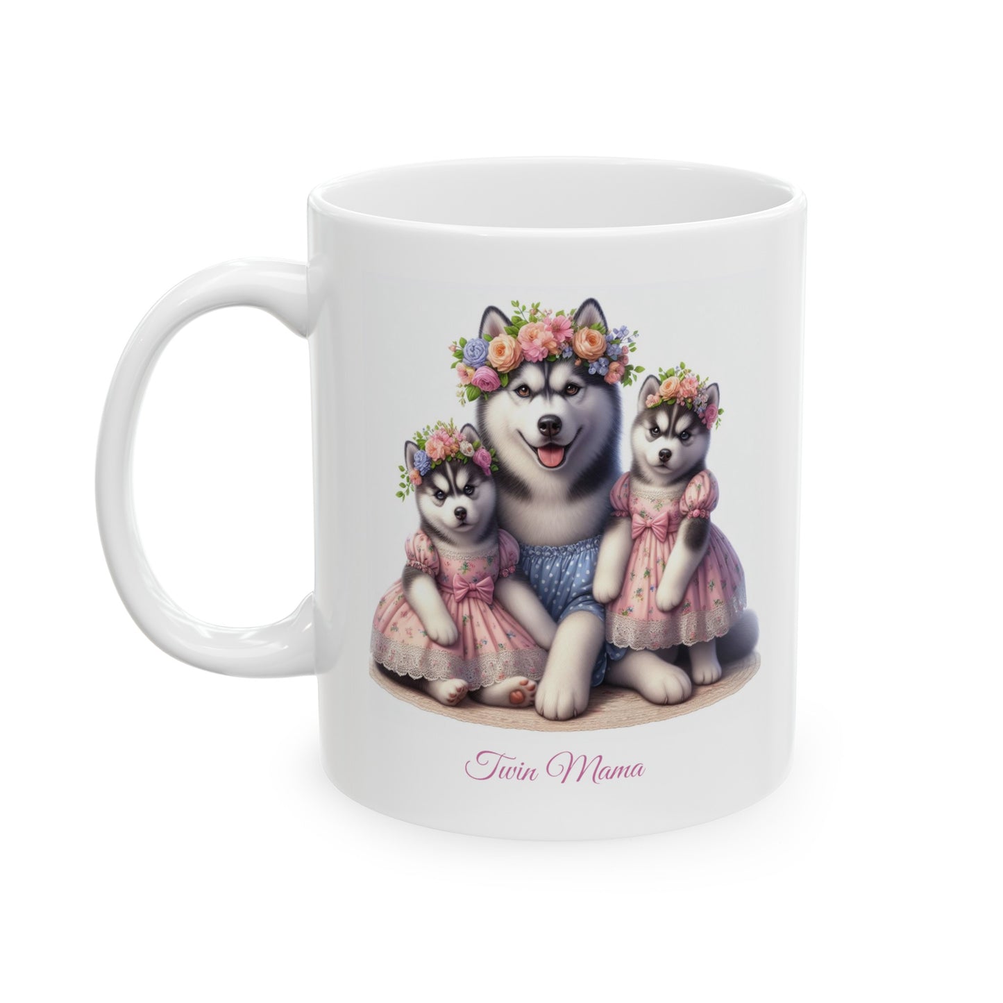 Springtime Twin Mama Husky & Baby Husky Puppies Sweet Ceramic Mug 11oz | Mother's Day Gift | Twin Mom Gift