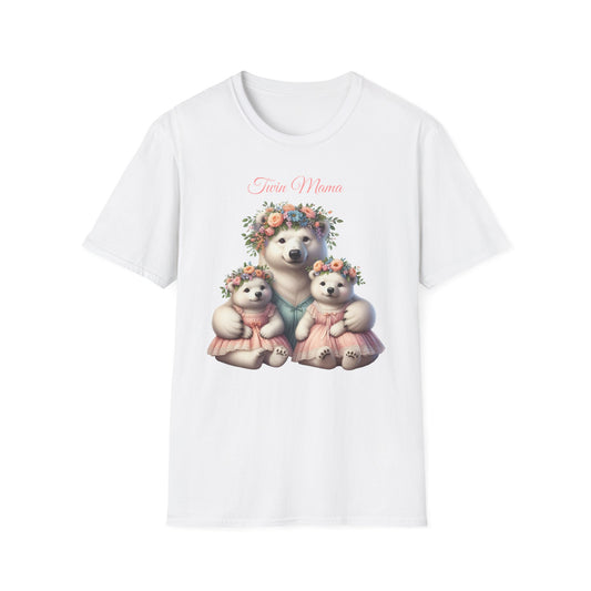 Springtime Twin Mama Polar Bear & Baby Bears Softstyle T-Shirt | Mother's Day Gift | Twin Mama Gift