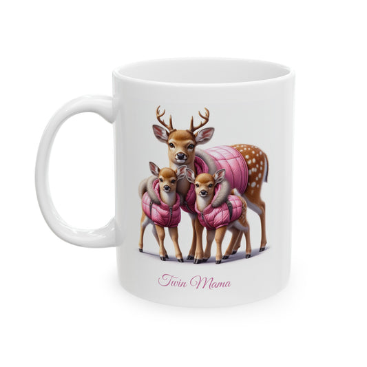 Twin Mama Deer & Twin Baby Deer Sweet Ceramic Mug 11oz | Mother's Day Gift | Twin Mom Gift