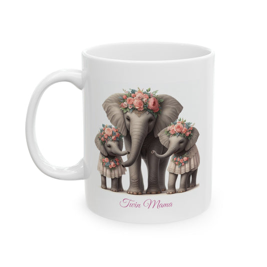 Springtime Twin Mama Elephant & Baby Elephants Ceramic Mug 11oz | Mother's Day Gift | Twin Mom Gift