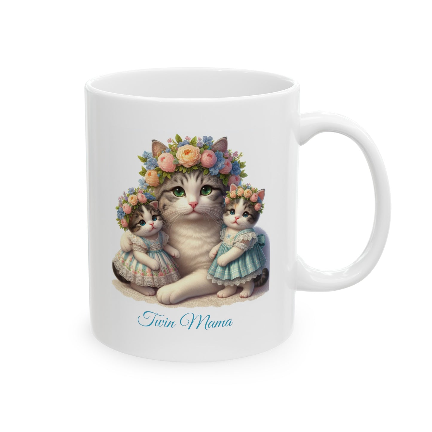 Springtime Twin Mama Kitty Cat & Baby Kittens Sweet Ceramic Mug 11oz | Mother's Day Gift | Twin Mom Gift