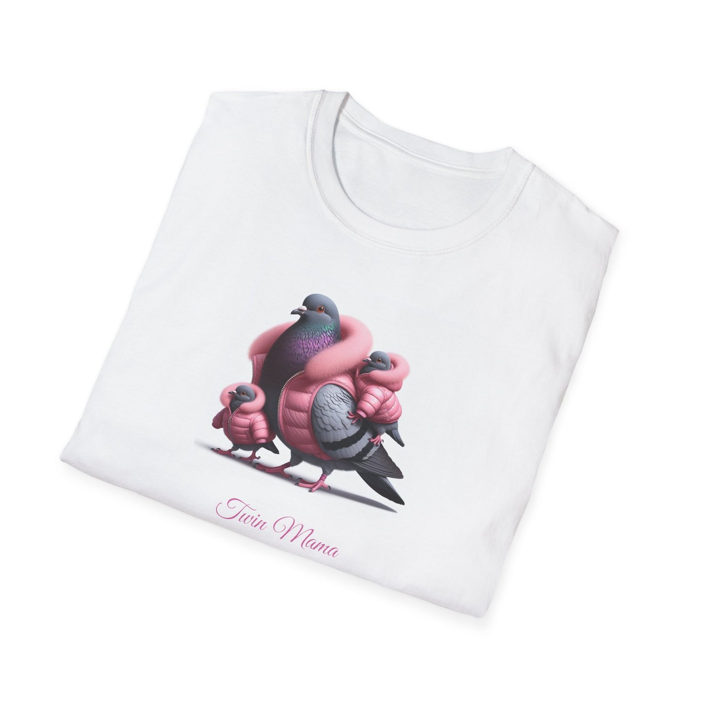 Twin Mama Pigeon & Twin Baby Pigeons Softstyle T-Shirt | Mother's Day Gift | Twin Mama Gift