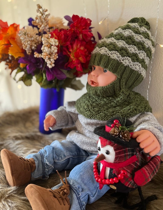 Multi-Tone Green Baby's Hand-Knit Hat Neck Warmer (12+ Months)