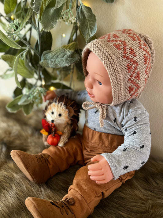 Baby Bonnet Beige Orange Design Hand Knit Soft Baby Yarn (12+ Months)