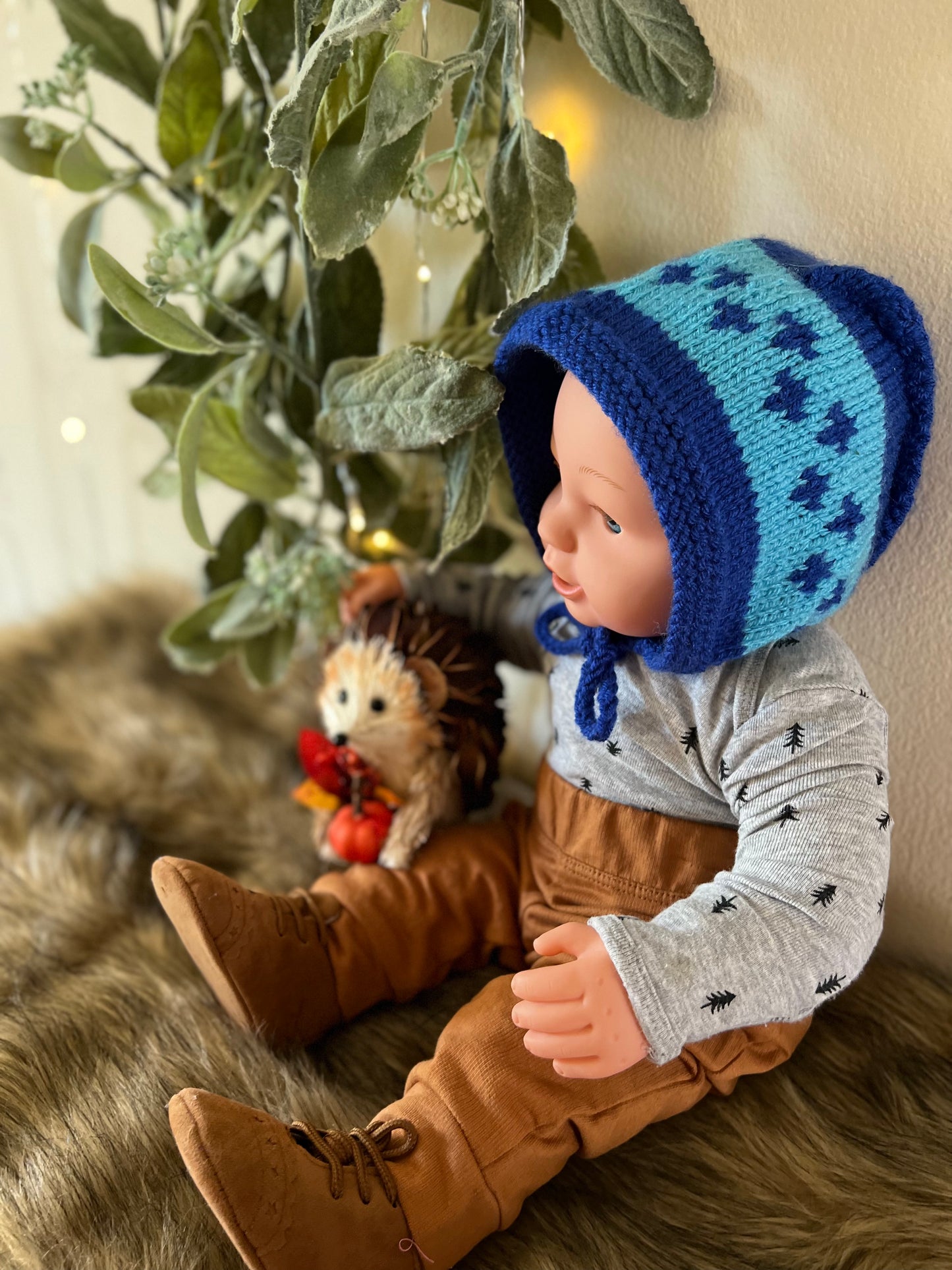 Baby Bonnet Blue Navy Design Hand Knit Soft Baby Yarn (12+ Months)