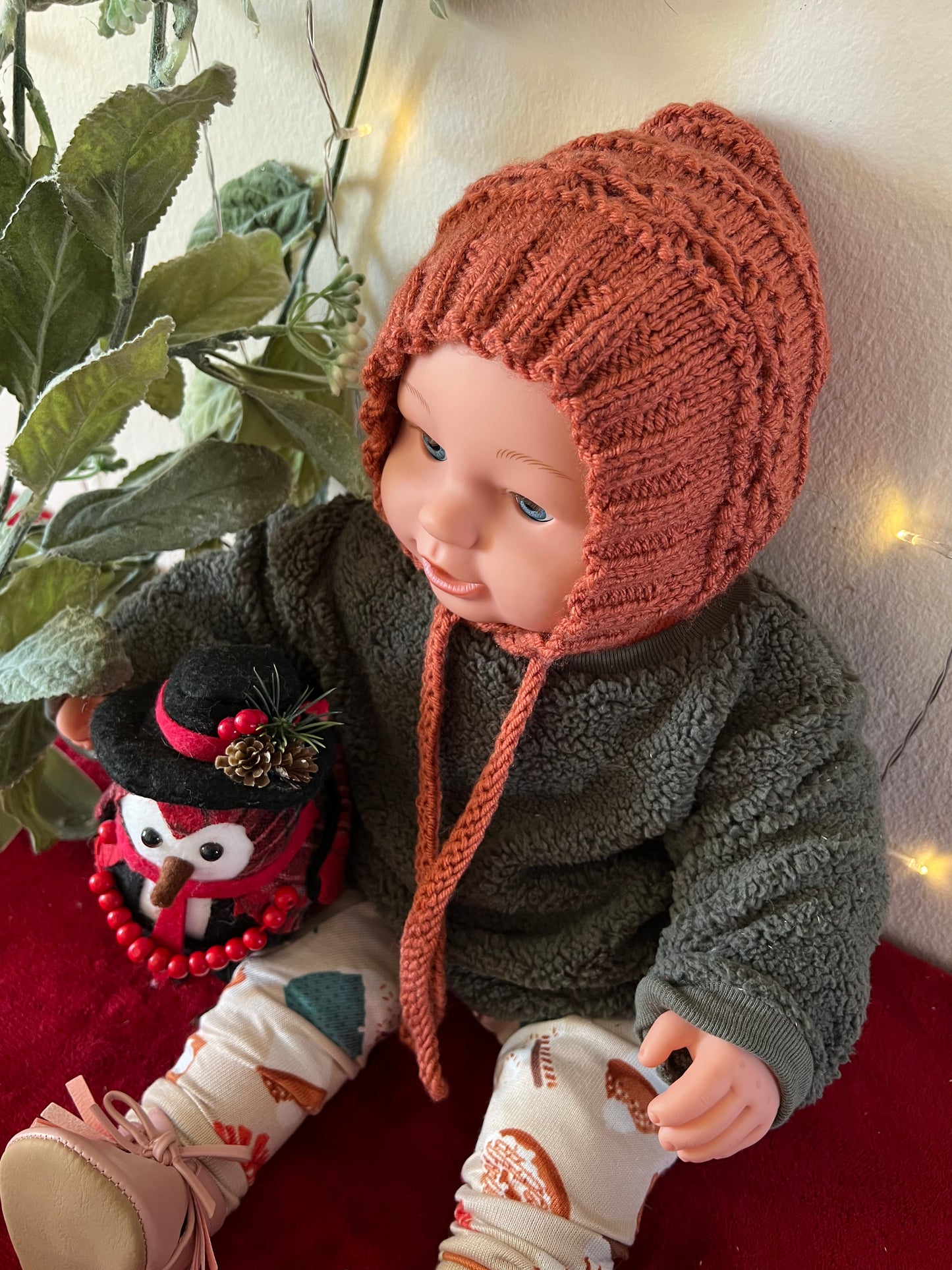 Baby Bonnet Orange Hand Knitted Soft Baby Yarn (Newborn)