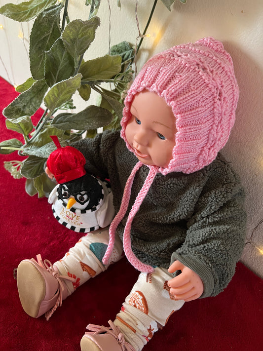 Baby Bonnet Pink Design Hand Knitted Soft Baby Yarn (Newborn)