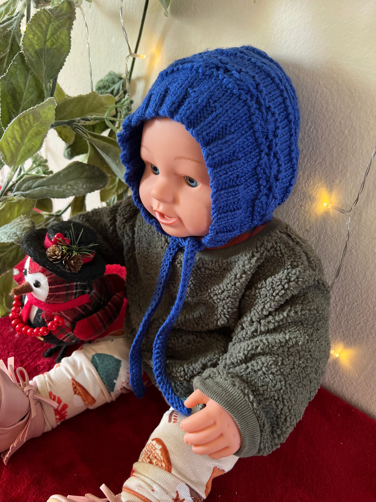 Baby Bonnet Blue Design Hand Knitted Soft Baby Yarn (Newborn)