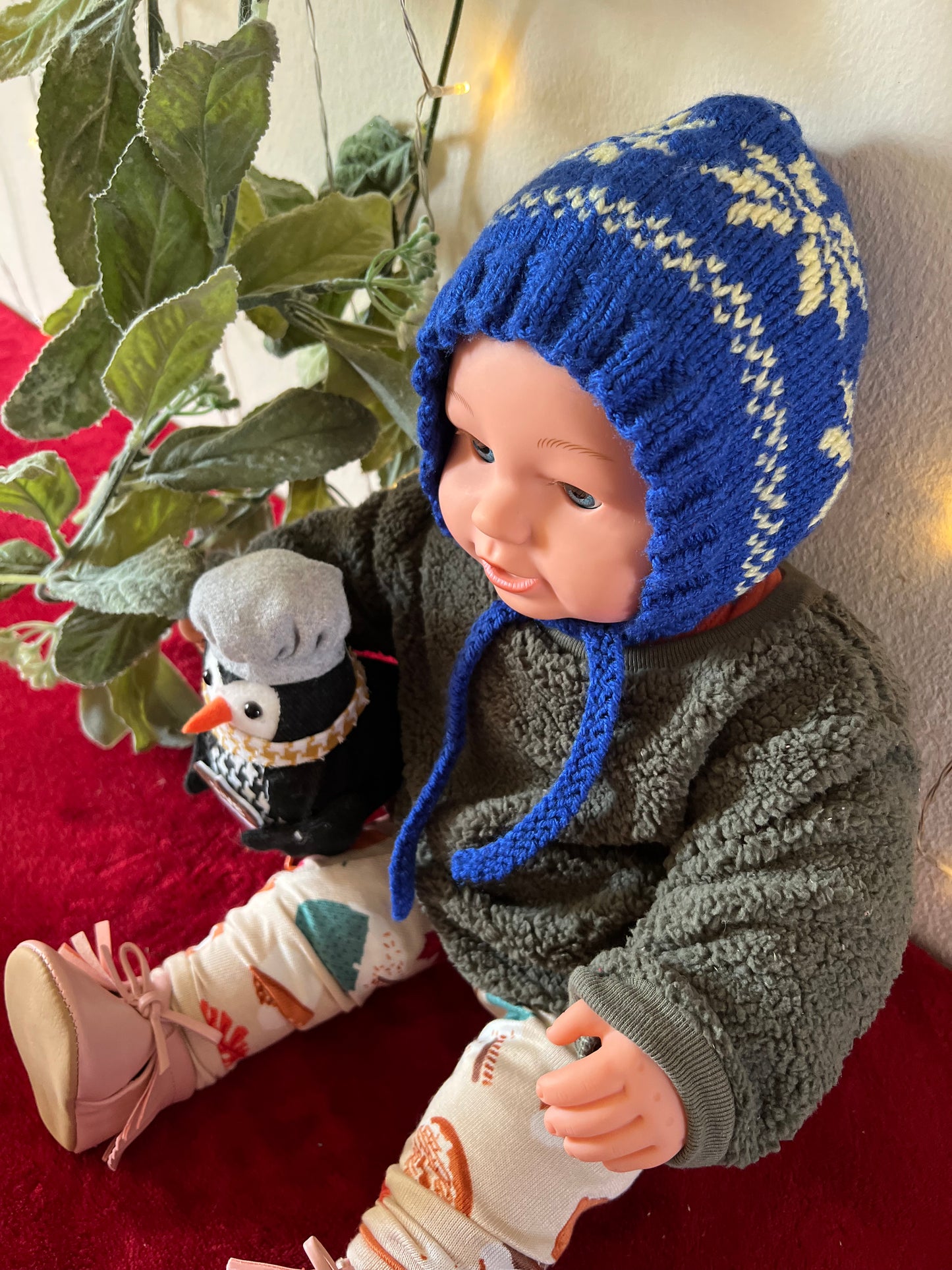 Baby Bonnet Blue Snowflake Design Hand Knit Soft Baby Yarn (12+ Months)