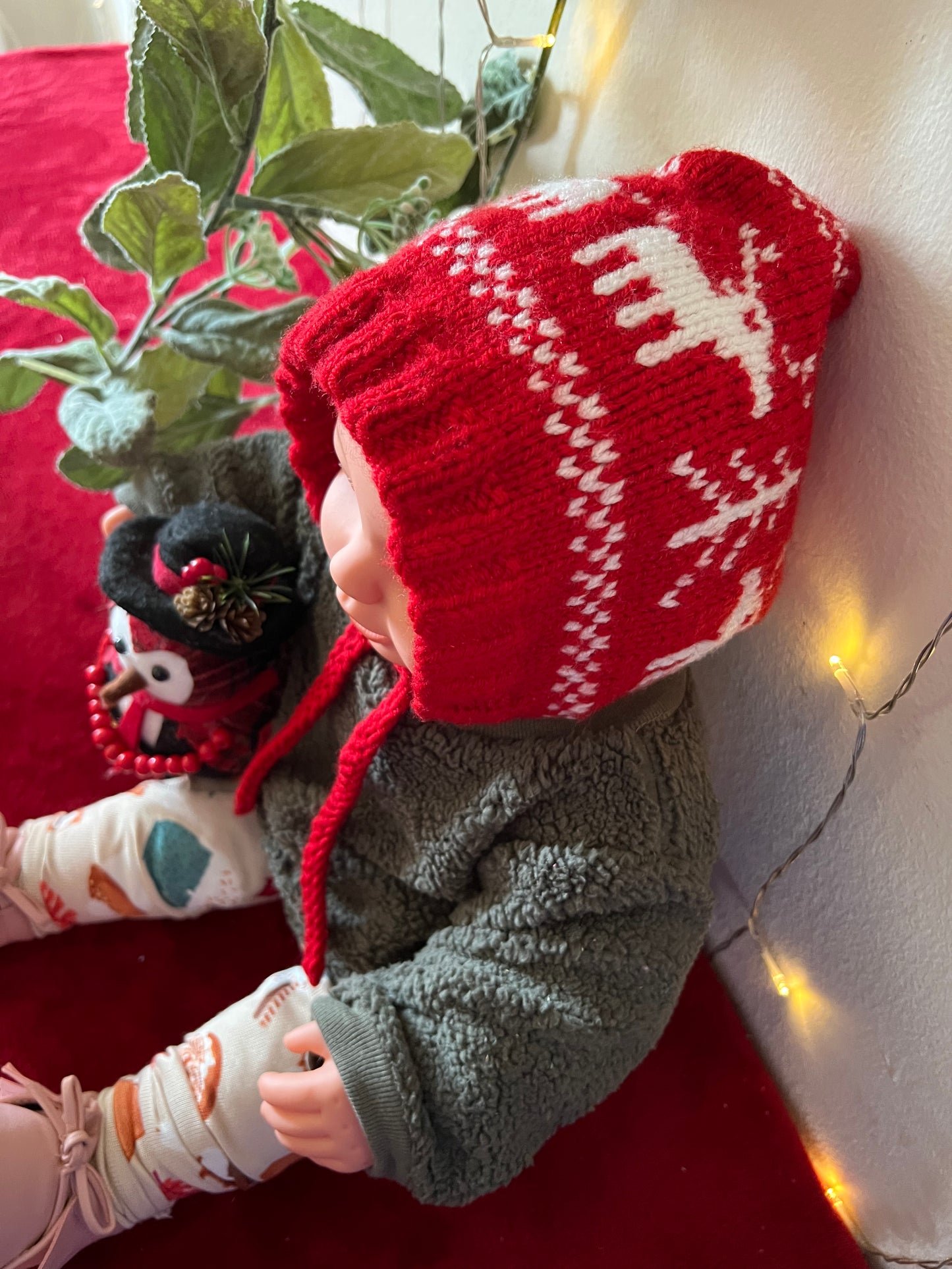 Baby Bonnet Red Reingdeer Design Hand Knit Soft Baby Yarn (12+ Months)