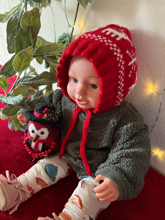 Baby Bonnet Red Reingdeer Design Hand Knit Soft Baby Yarn (12+ Months)