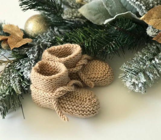 Cute Beige Winter Baby Hand-Knitted Booties | 12 month - 24 month Infant