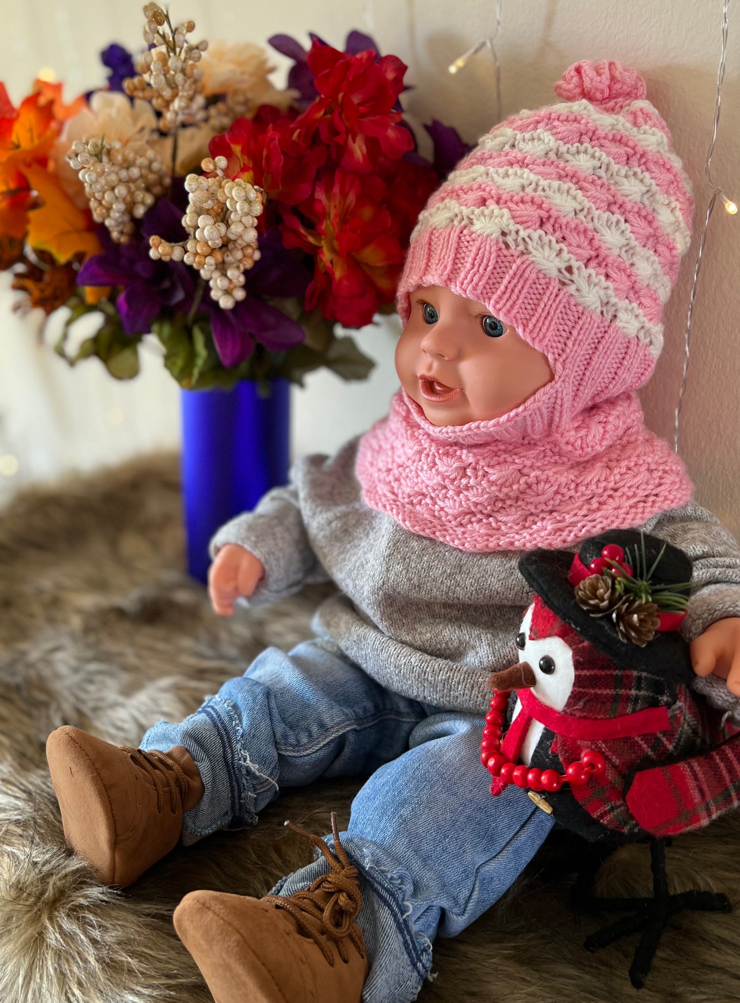 Multi-Tone Light Pink Baby's Hand-Knit Hat Neck Warmer (12+ Months)