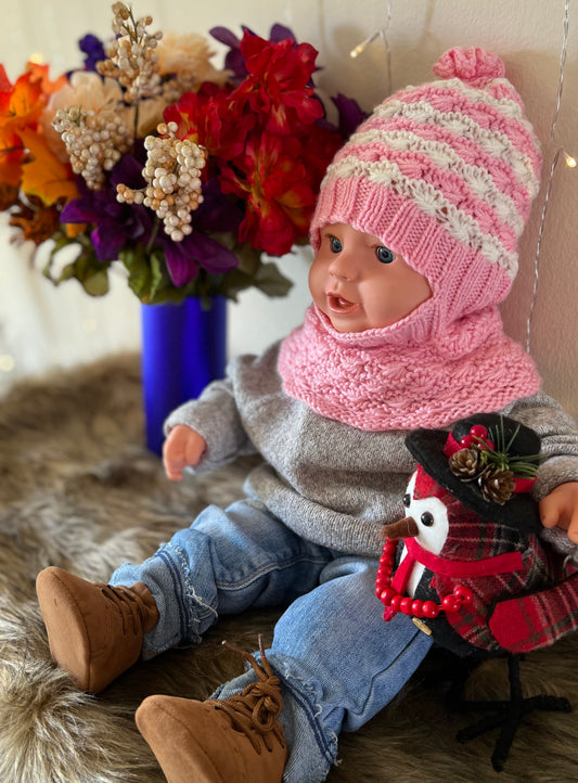 Multi-Tone Light Pink Baby's Hand-Knit Hat Neck Warmer (12+ Months)