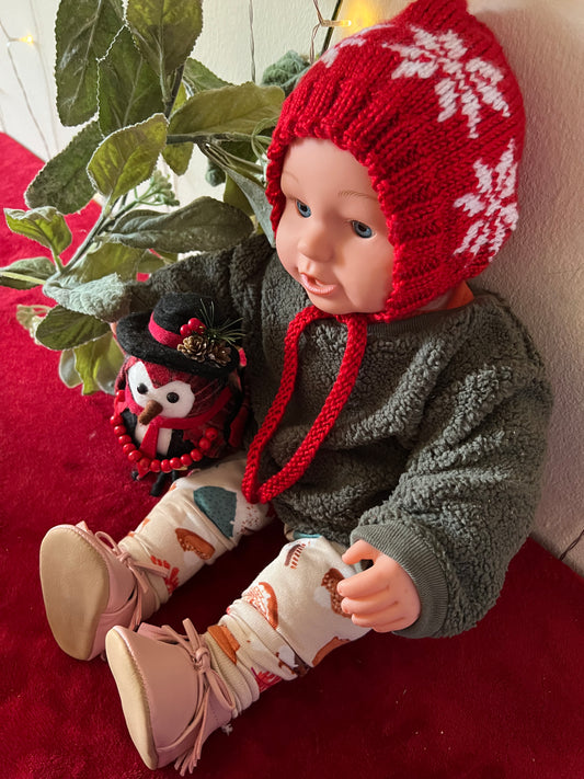 Baby Bonnet Red White Snowflake Design Hand Knitted Soft Baby Yarn (Newborn)